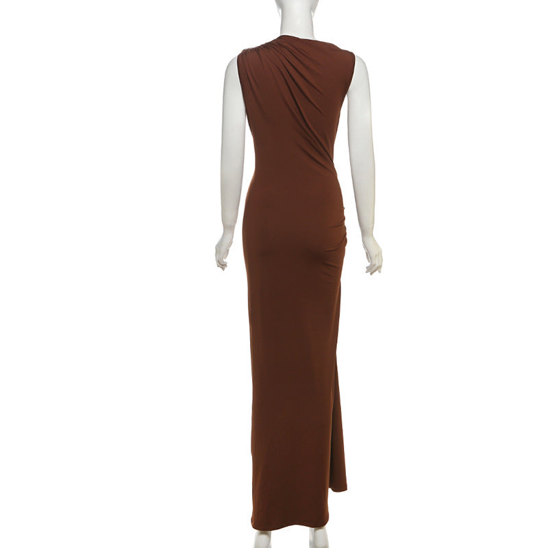 Women Fall Solid Metallic Sleeveless Sexy Slit Dress 6