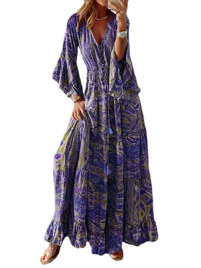 Women Boho Bell Bottom Sleeve Printed V Neck Holidays Maxi Dress 11