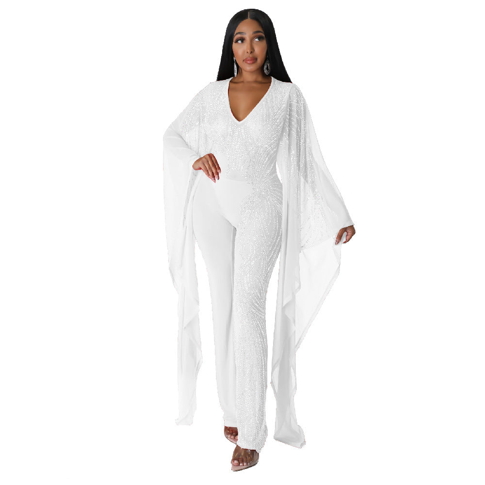 Fashion V-Neck Bat Sleeves See-Through Beaded Sexy Nightclub Party Jumpsuit 9