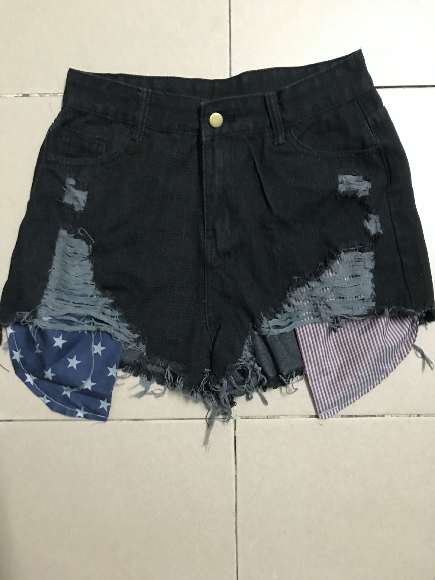Women American Flag Ripped Tassel Denim Shorts 16
