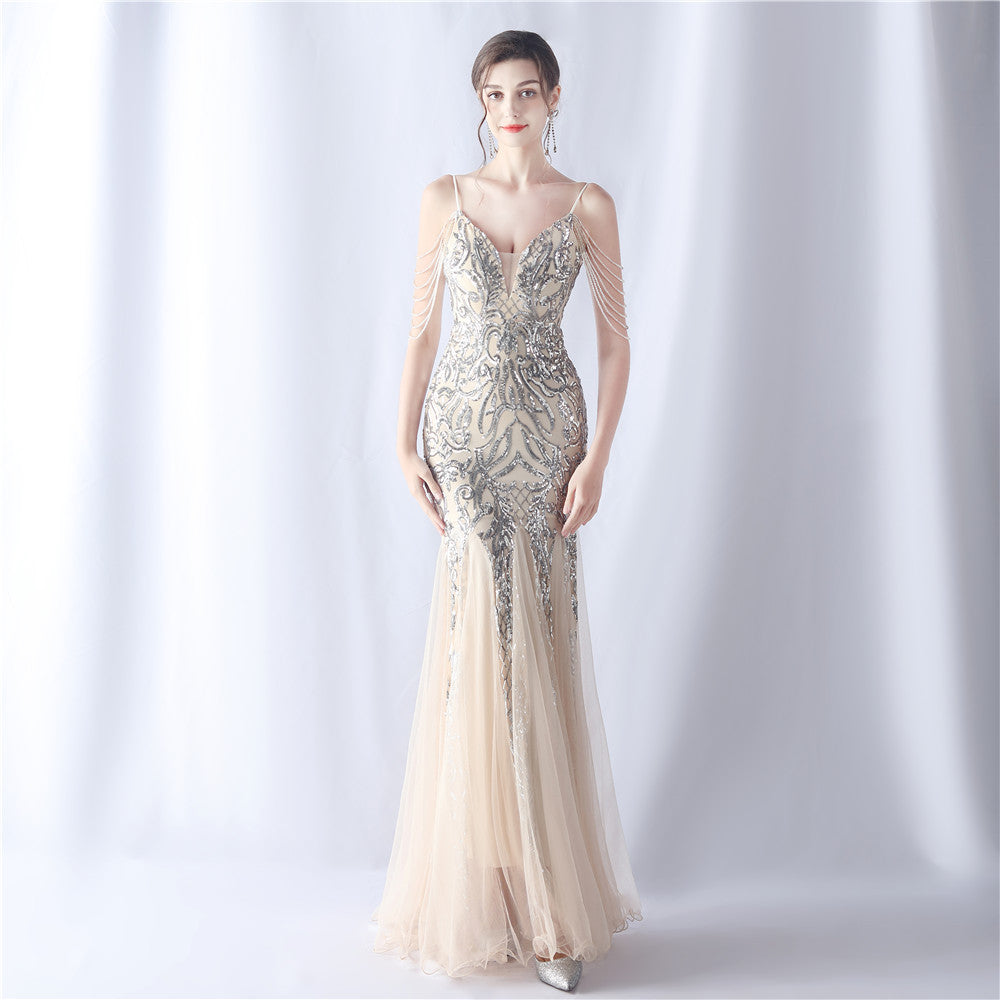 Women beaded mesh evening dress 12