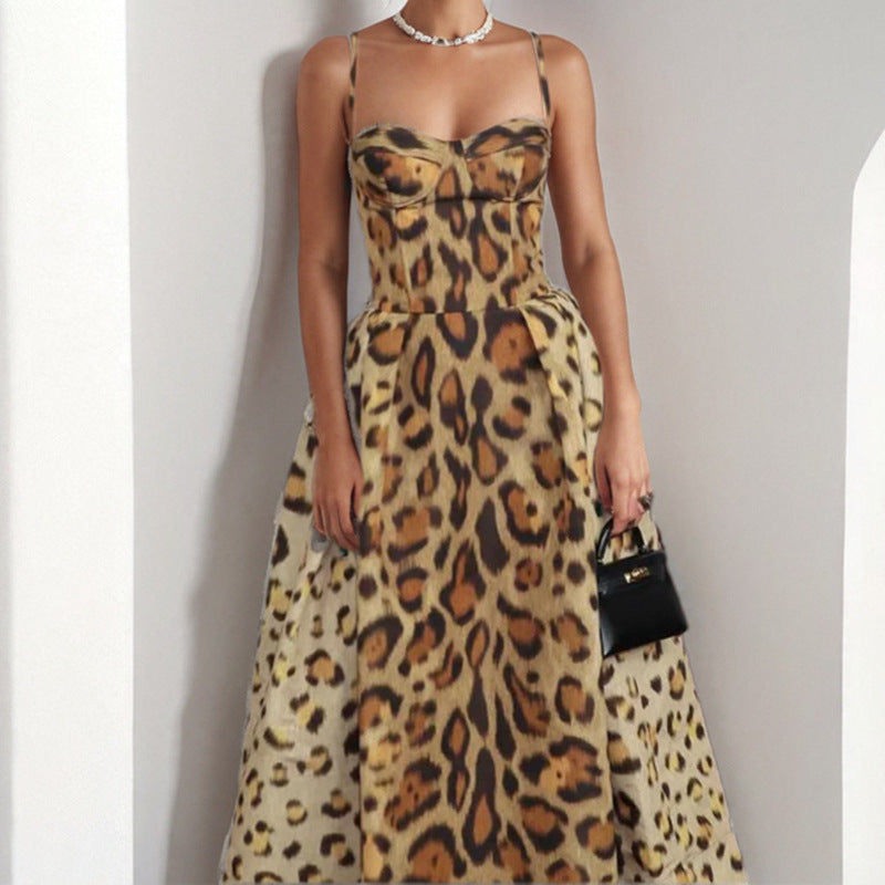 Women Spring Sexy Leopard Print Backless Strap Dress