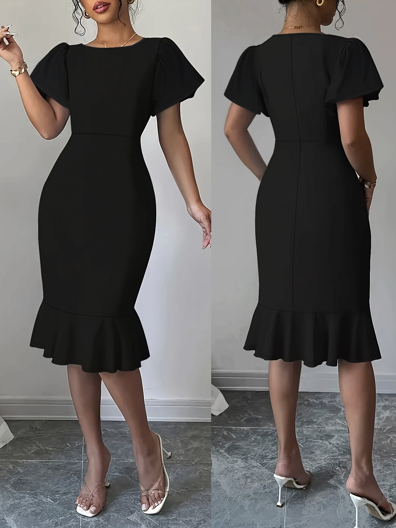 Women's Fashion Elegant Plus Size Round Neck Ruffle Midi Dress