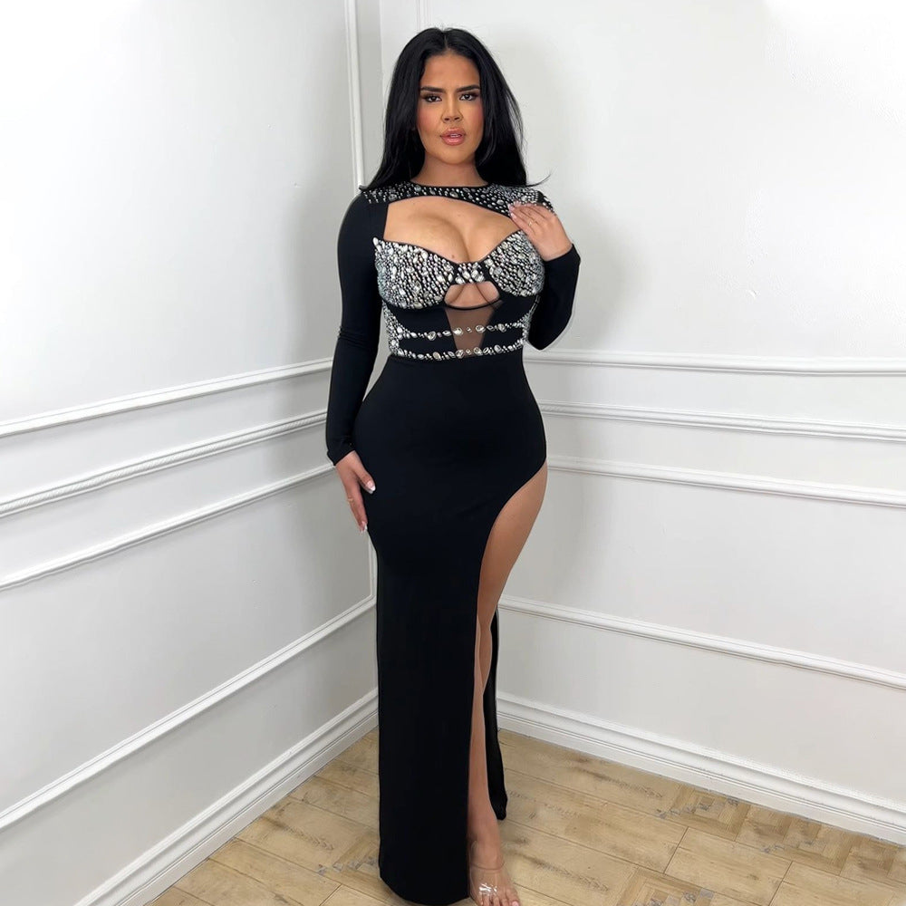 Women Round Neck Long Sleeve Beaded Hollow High Slit Dress 5