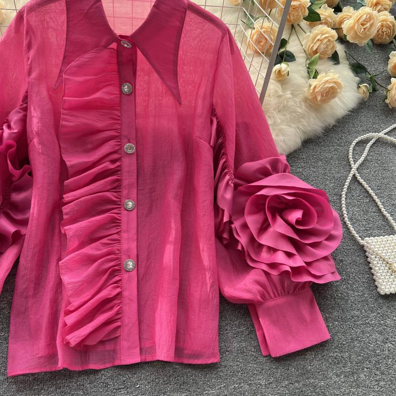 Women Fashion Turndown Collar Ruffled Loose Shirt 9
