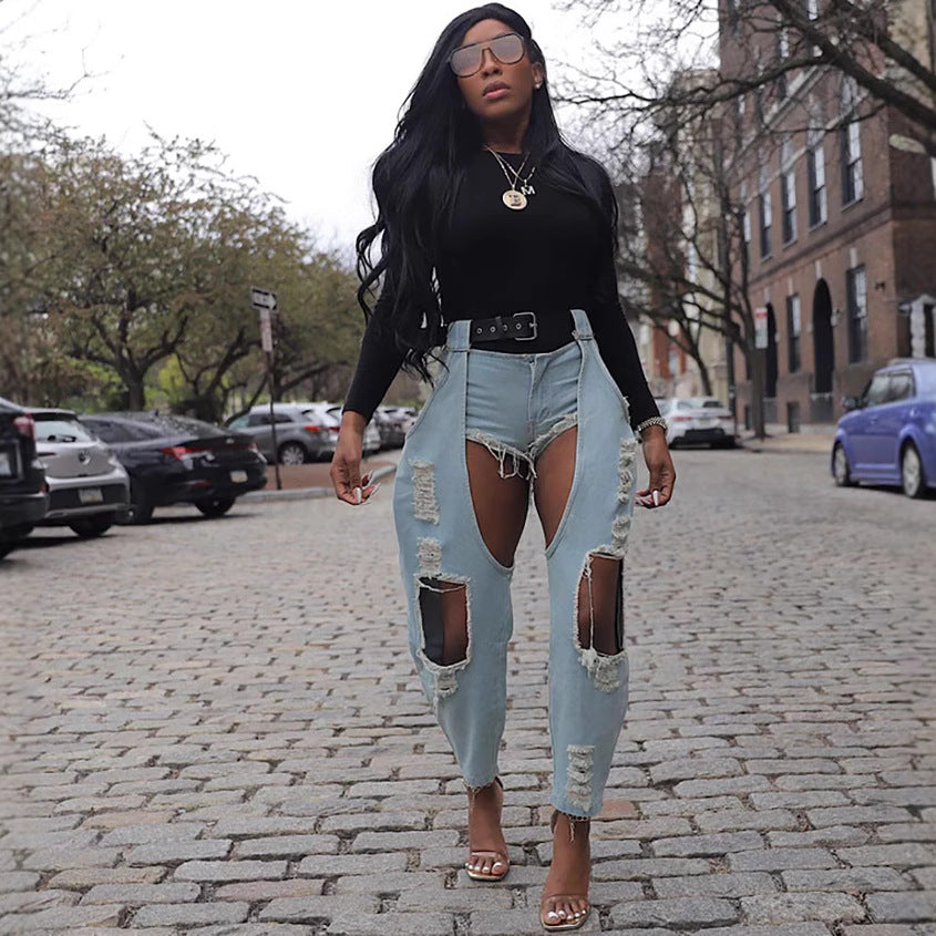 Women Casual Ripped Belt Denim Pants 5