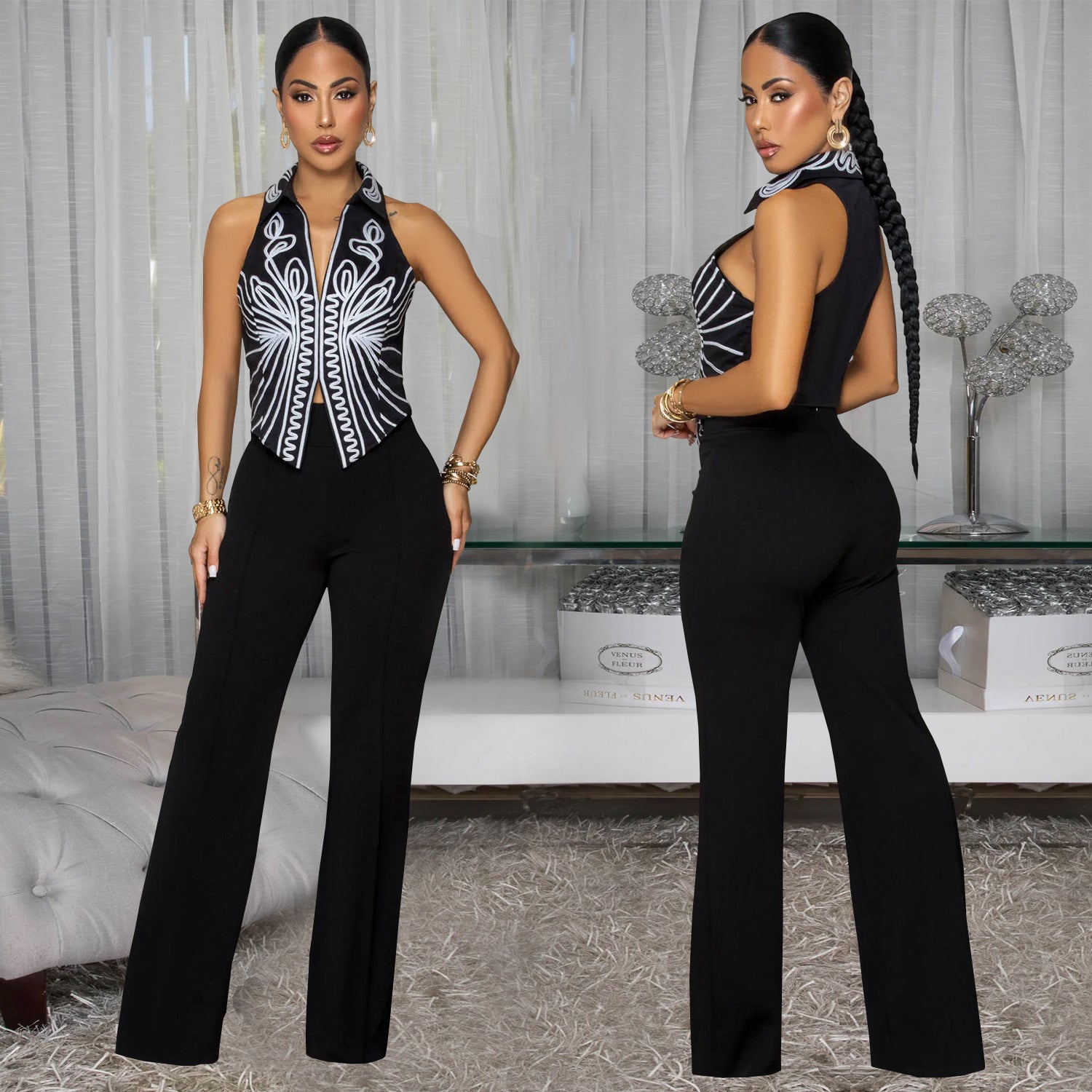 Women Elegant Printed Top and Pants Two-Piece Set 5