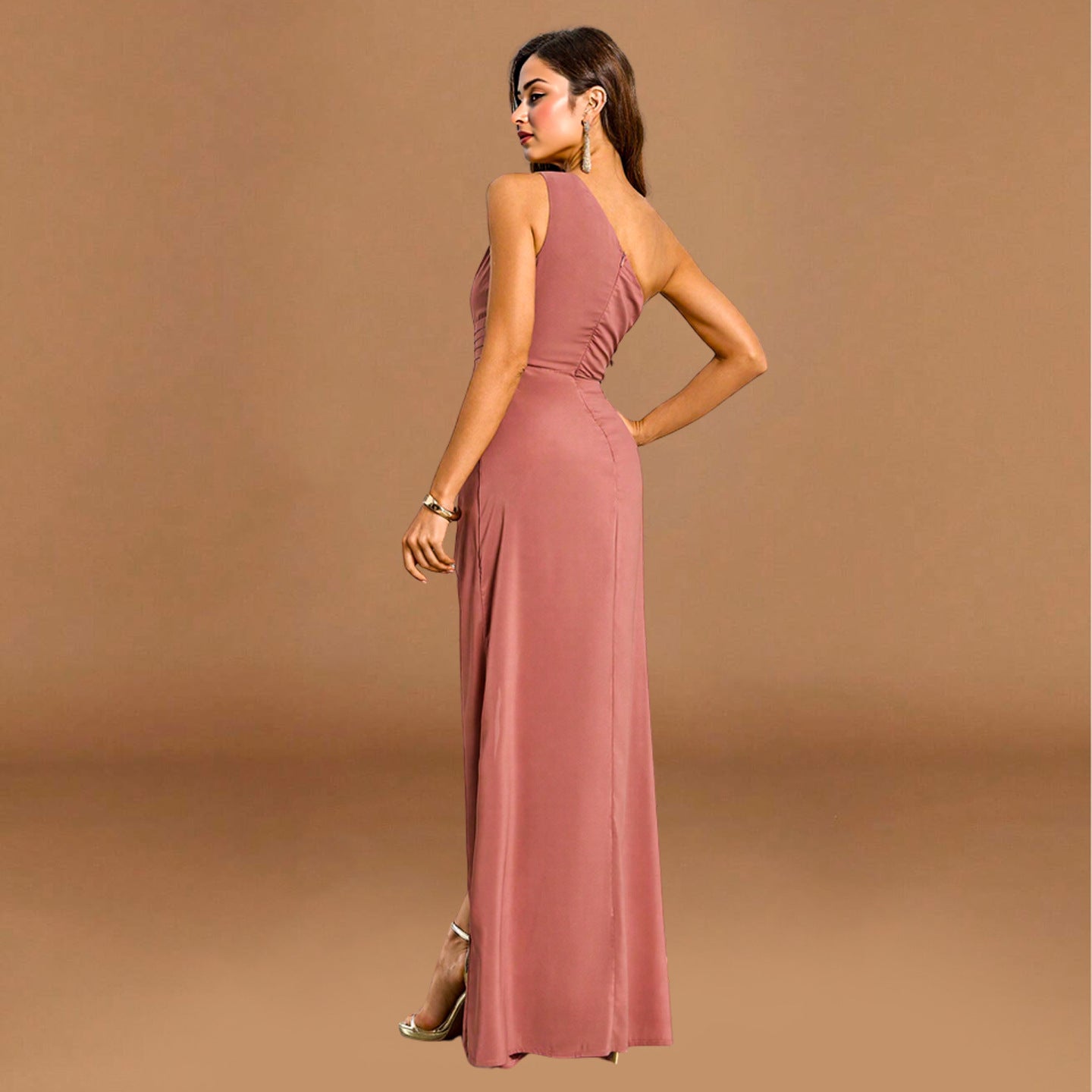 Women Solid Off-shoulder Sleeveless Solid Ruffle Slit Evening Dress Irregular Dress 6