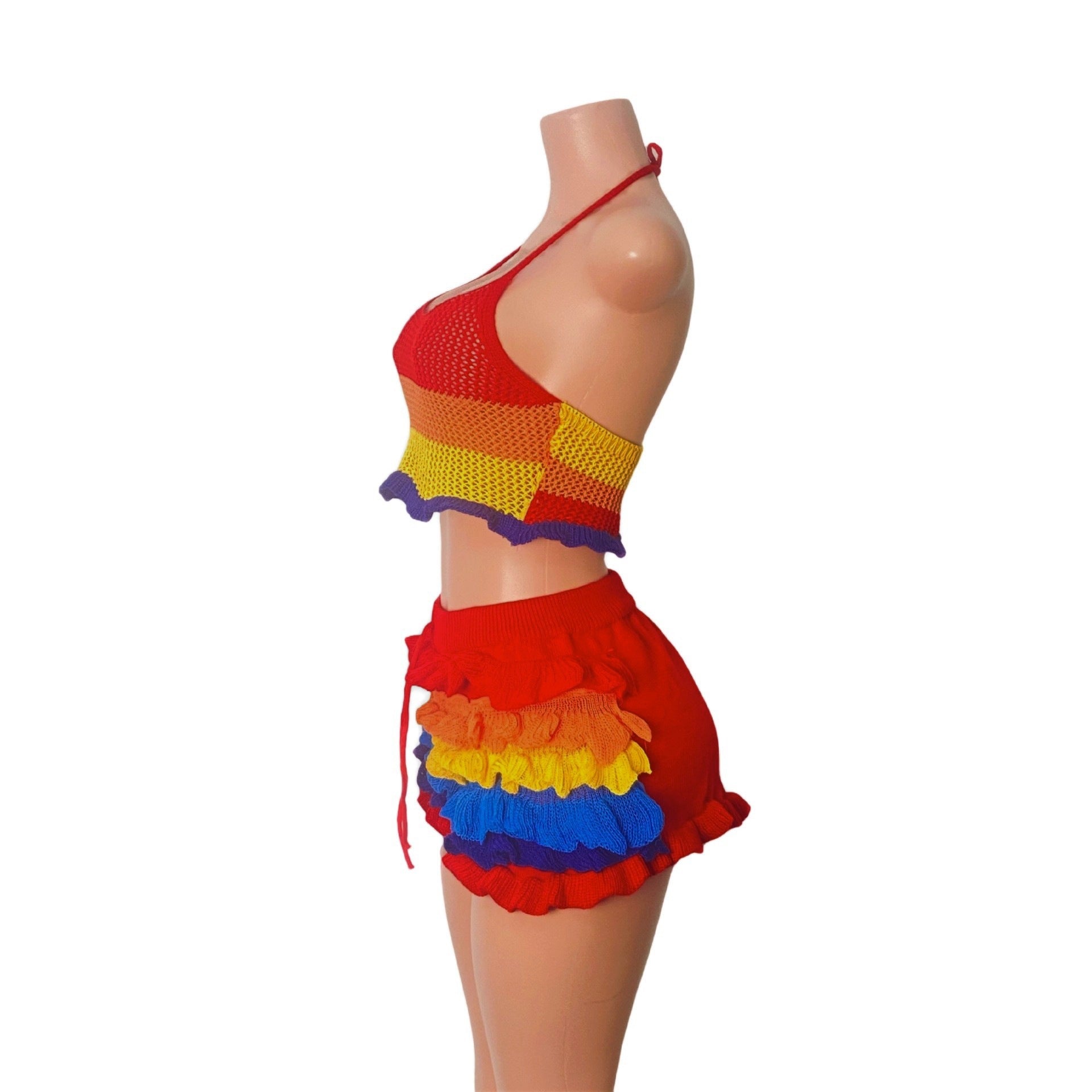 Women Multi-Color Striped Knitting Halter Neck Top and Ruffle Shorts Two-Piece Set 11