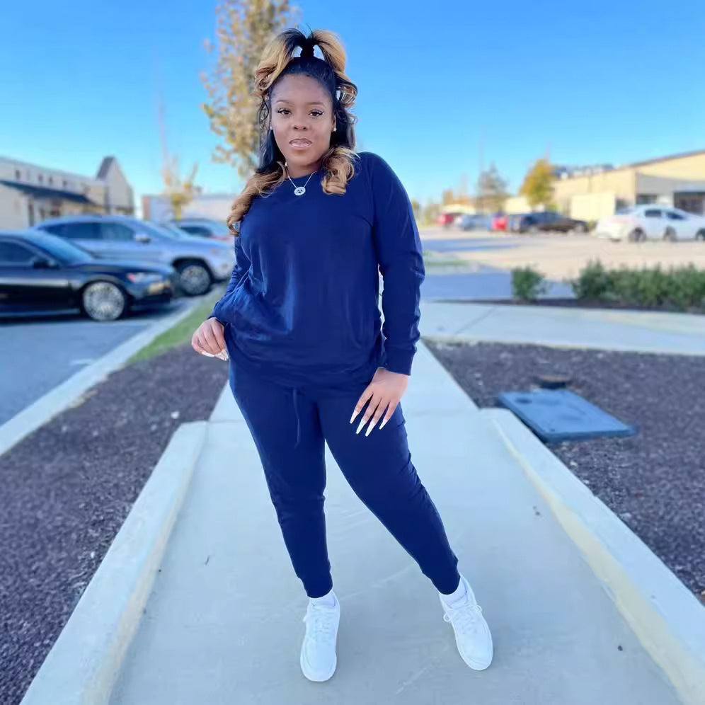 Women's Autumn winter solid color cotton drawstring pocket sports longs leeve two-piece pants set 11