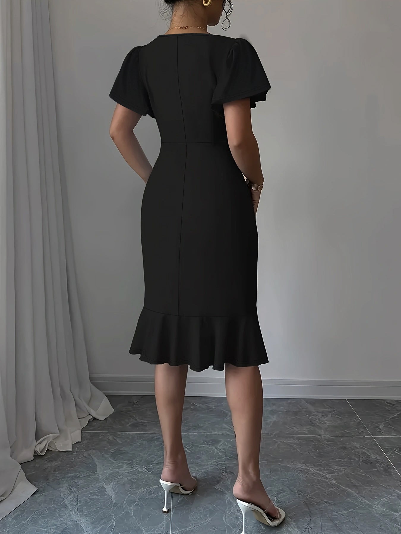 Women's Fashion Elegant Plus Size Round Neck Ruffle Midi Dress 4