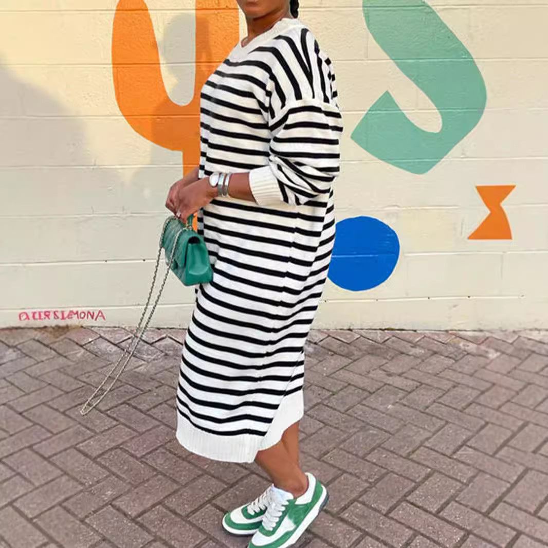 Autumn Winter Women's Fashion Striped Round Neck Plus Size Knitting Loose Long Dress 4