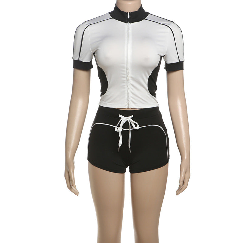 Fashionable Stand Collar Slim Fit Fitness Top & Shorts for Casual Sports Set 11