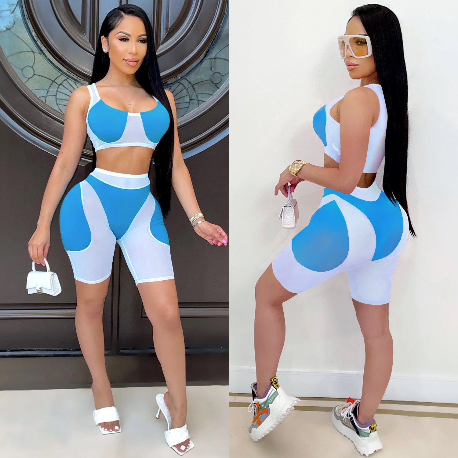 Women casual solid mesh color-blocking Top and Shorts Two Piece Set 11