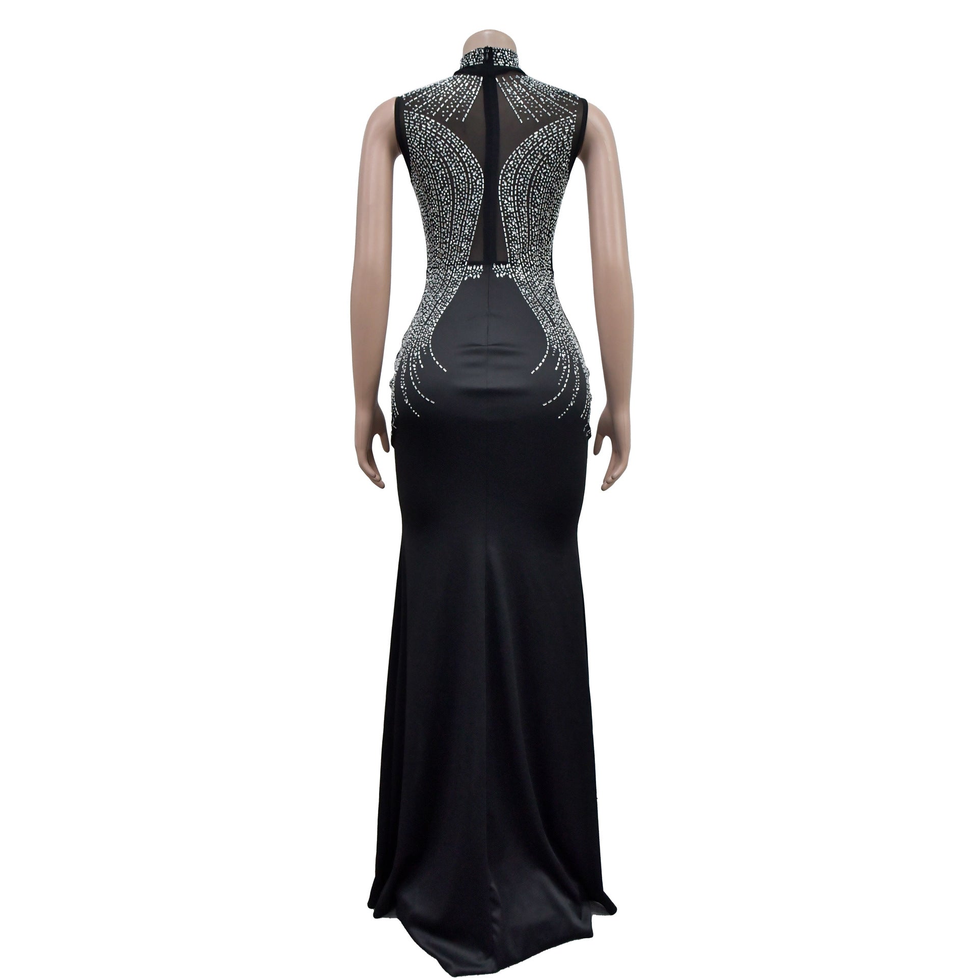 Women Solid Mesh Beaded Slit Maxi Dress 16