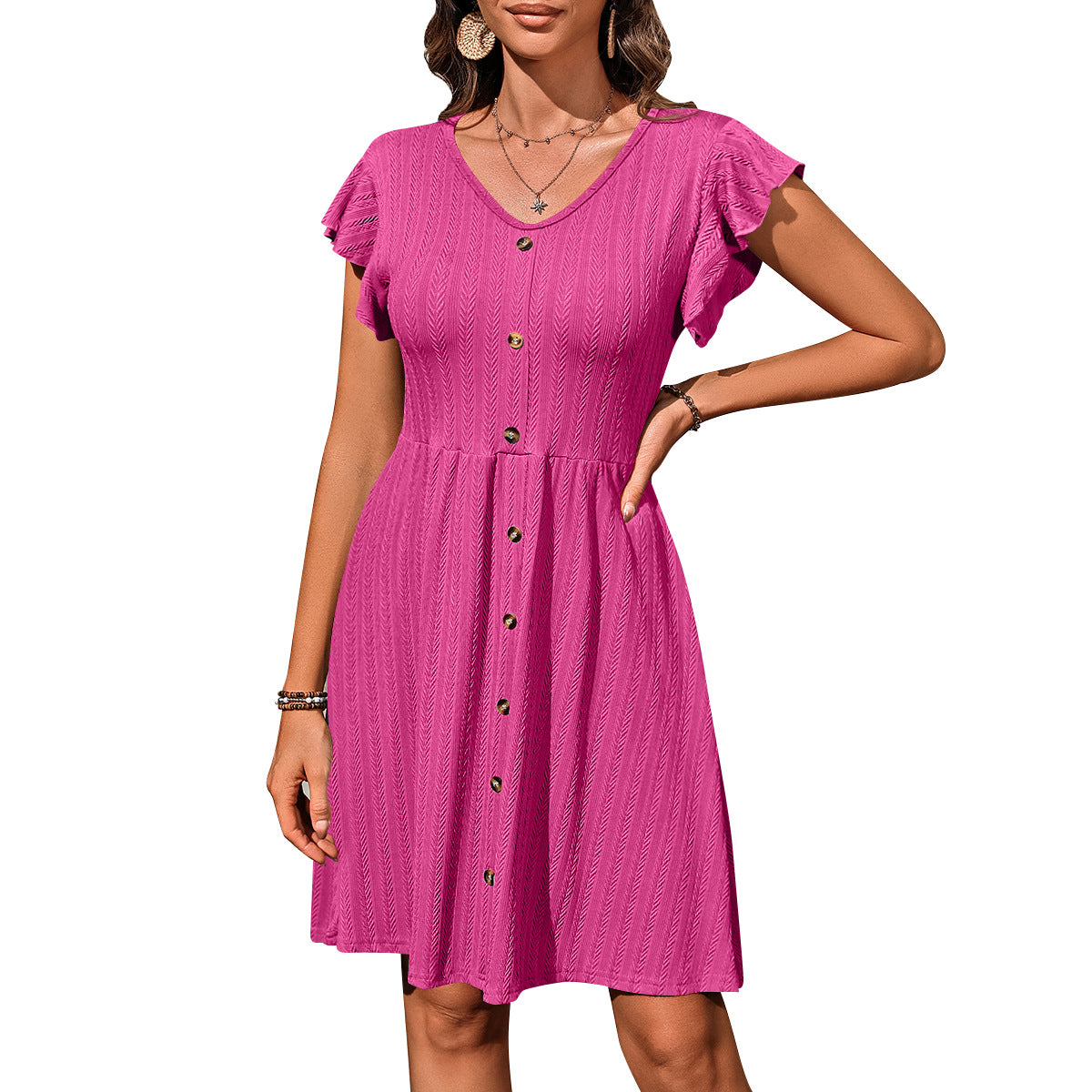 Summer Women's V-Neck Button-Down Slim Waist Stretch Short-Sleeved Dress 11