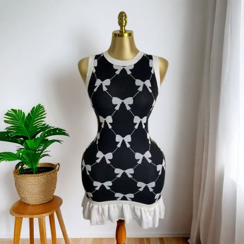Women Summer Bow Jacquard Knitting Sleeveless Dress 11