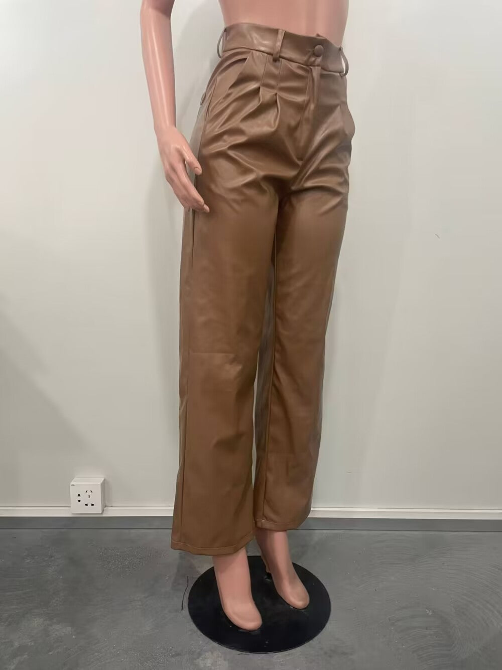 Women Casual pu-Leather Pocket Loose Wide Leg Pants 13