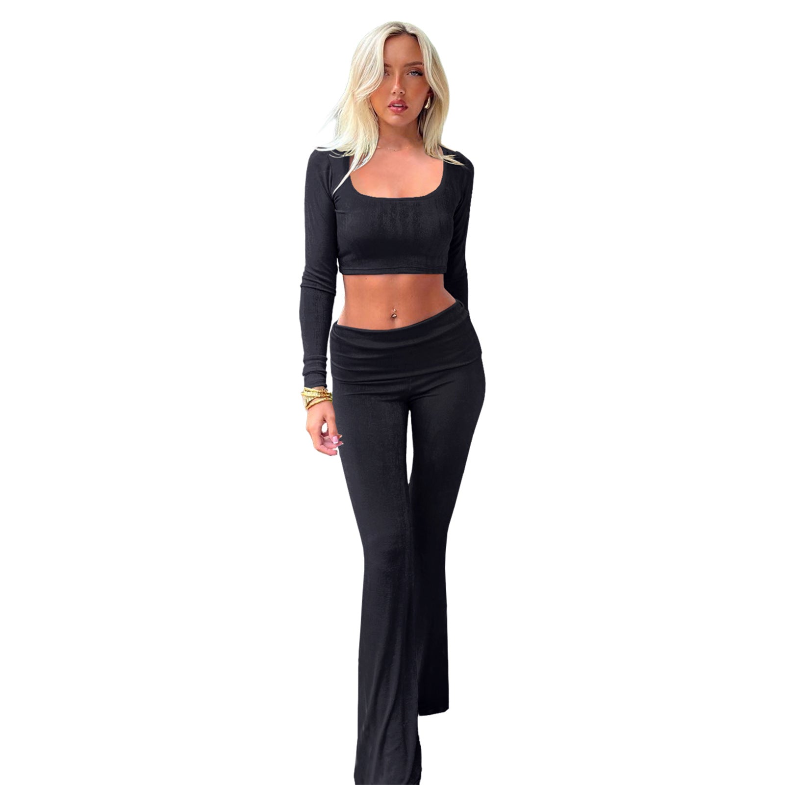 Women's Fashion Solid Color Square Neck Top Low-Waist Bell Bottom Pants Set 13
