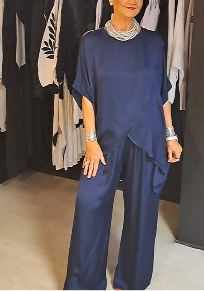 Women's Summer Solid Color Round Neck Casual Fashion Loose Irregular Two Piece Pants Set