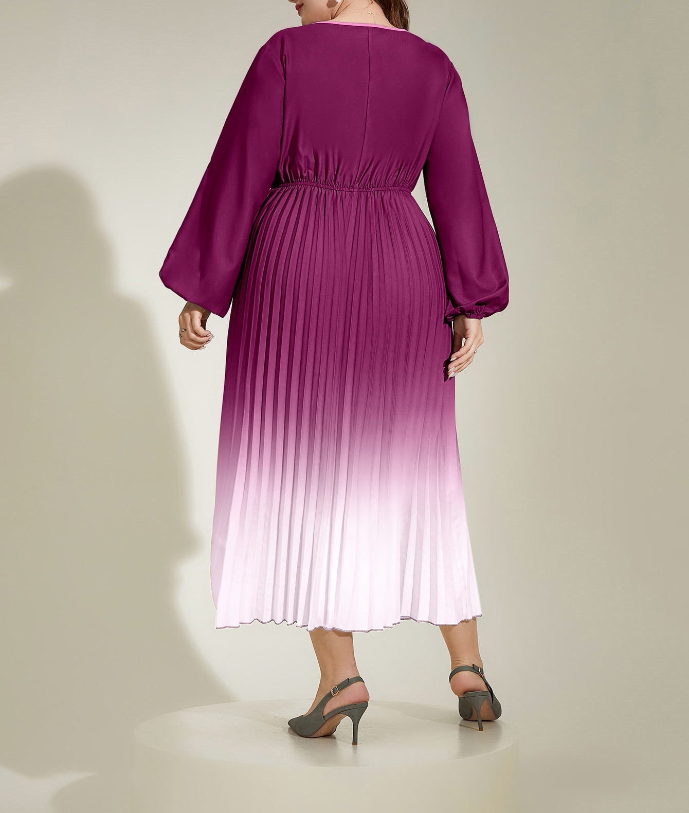 Autumn Chic Gradient Pleated Plus Size Long Sleeve Women's Long Dress 4