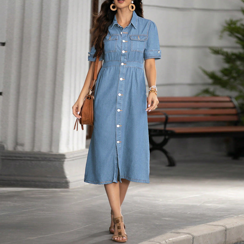 Women Denim Turndown Collar short-sleeved dress 3