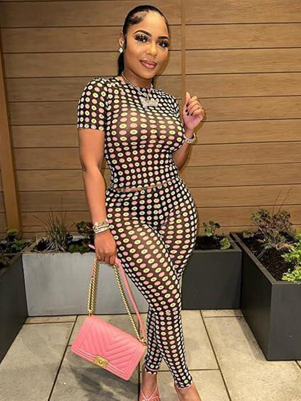 Women Multi-Color Polka Dot Mesh Printed Short Sleeve Top and Pants Two-Piece Set 3