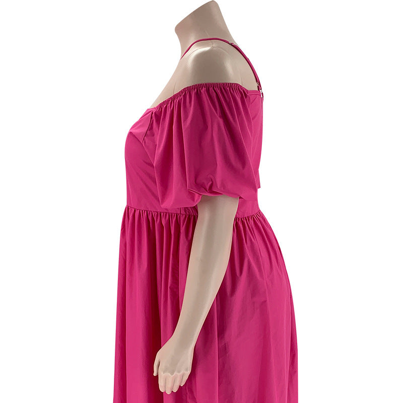 Solid Color Sexy Strapless Halter Neck Plus Size Women's Fashion Loose Short Sleeve Dress 21