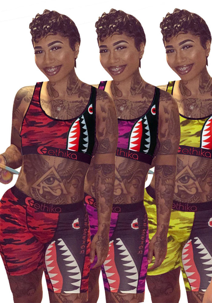 Cartoon Print Casual Camouflage Tank Biker Shorts Two-Piece Set