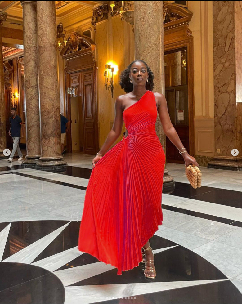 Elegant Slim Fit One Shoulder Cutout Pleated Gown Dress 11