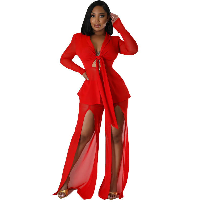 Fashionable Sexy Solid Color Long Sleeve Slim Waist Lace-Up Blazer Slit Pants Two-Piece Set 9