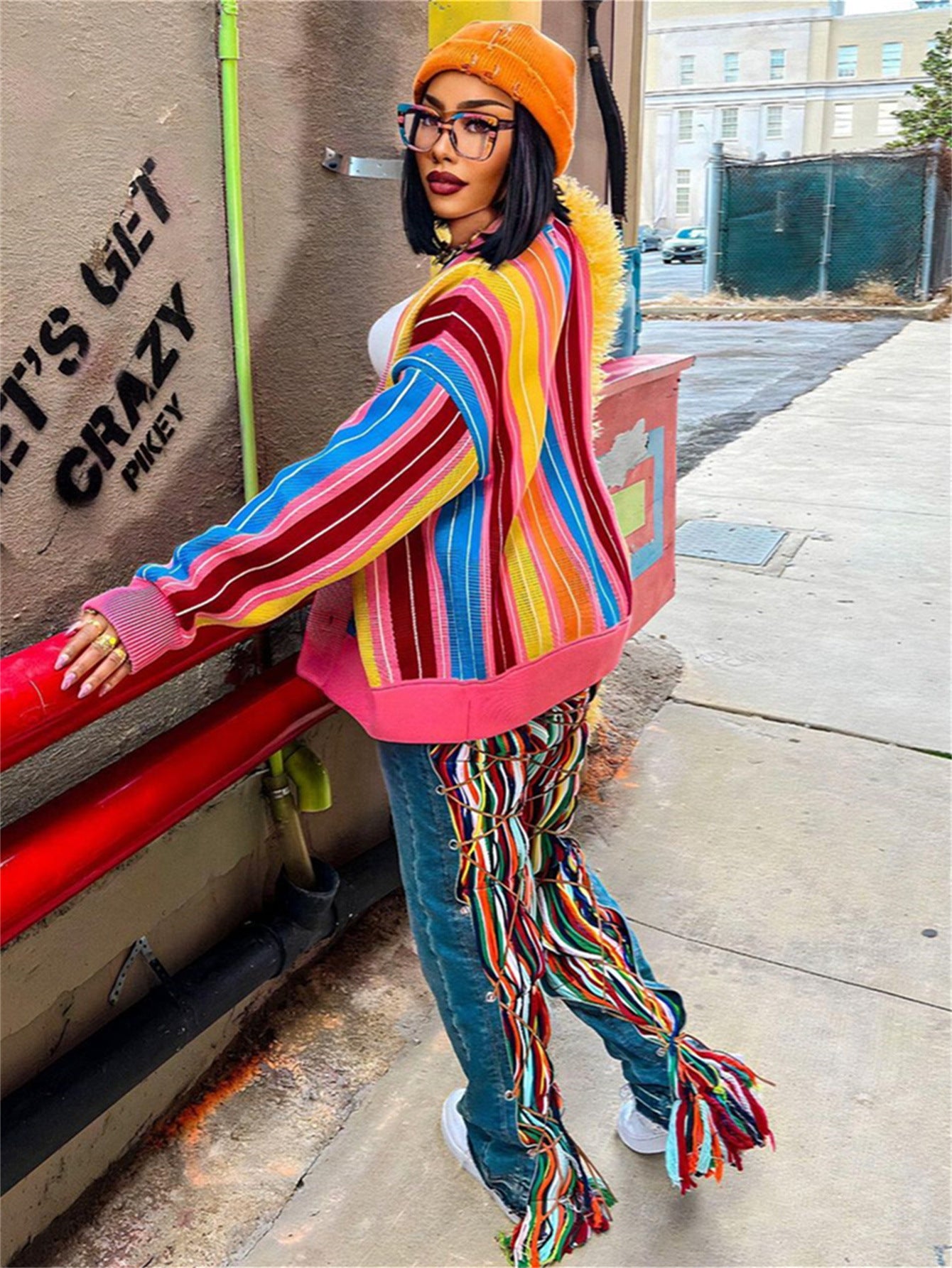 Women autumn casual striped contrast color sweater knitting cardigan long-sleeved top 5