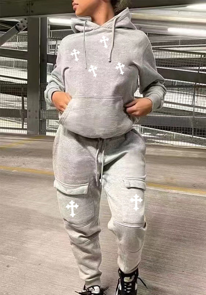 Women Casual Sports Print Hoodies and Pant Two-Piece Set