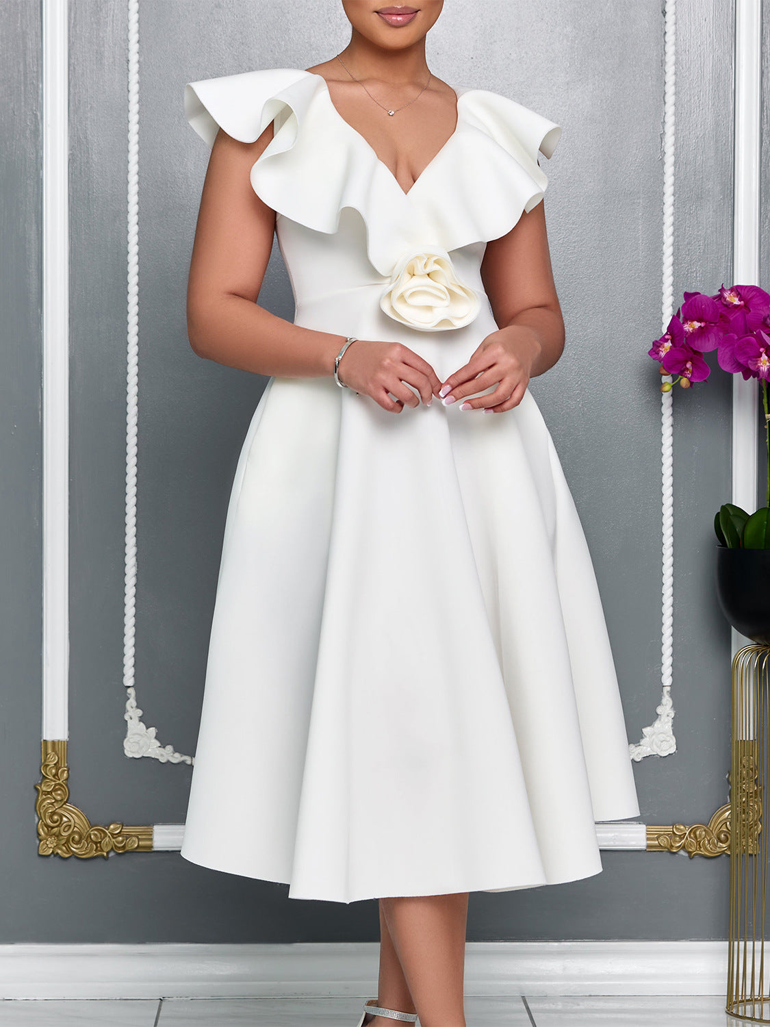 V Neck Floral Ruffle A-line Dress for Women Formal Party Gown 7