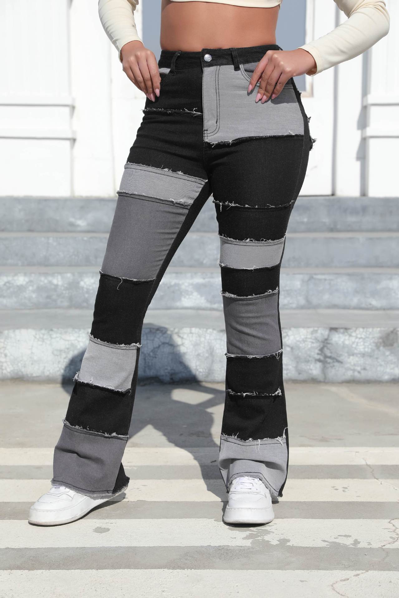 Stylish Vintage Washed Contrast High Waist Butt Lift Bell Bottom Women's Denim Pants 3