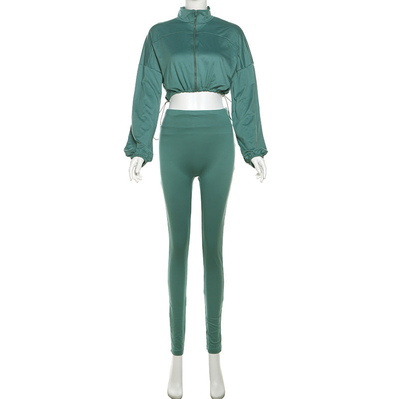 Spring And Autumn Sexy Drawstring Slim Waist Crop Top High Waist Tight Fitting Trousers Two Piece Set 31