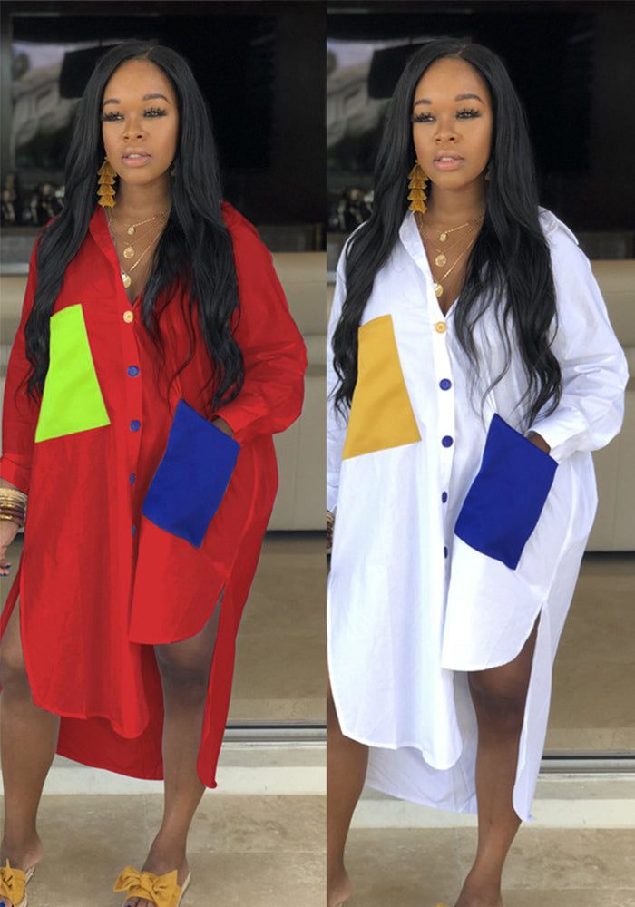 Sexy Color Block Pocket Long Shirtwomen's Clothing