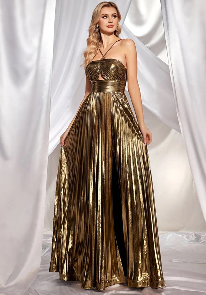 Women's Halter-Neck Sleeveless Slit Low-Back Sexy Evening Dress