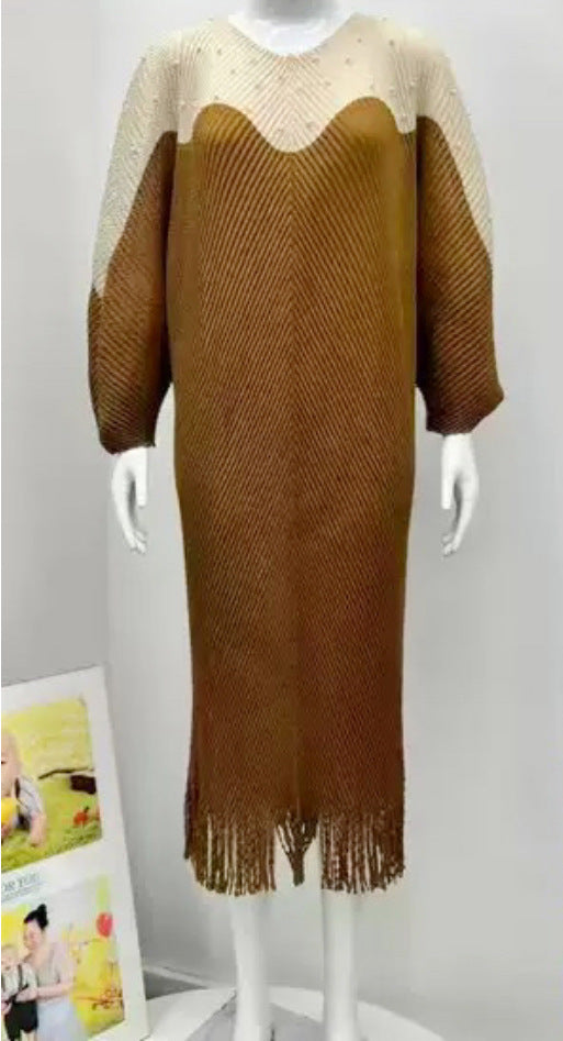 Beaded Plus Size African Fashion Bat Sleeve Color-Block Midi Loose Women's Dress 5