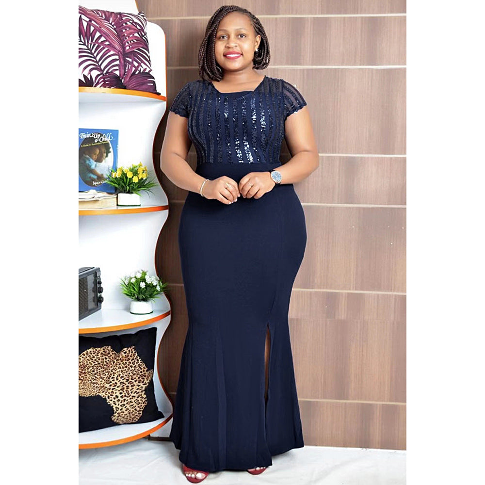 Plus Size African Dress Party Round Neck Solid Dress