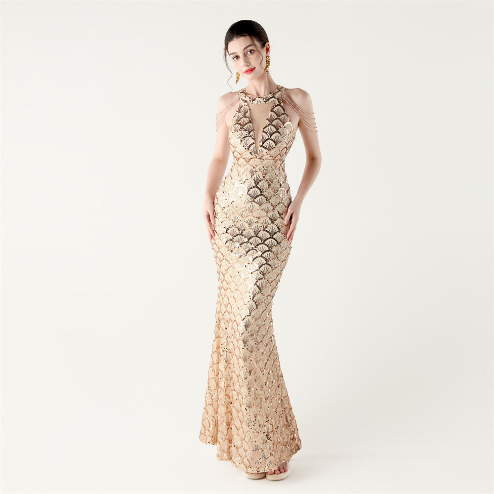 Sequin Fishtail Evening Dress Beaded Chain Formal Gown 17