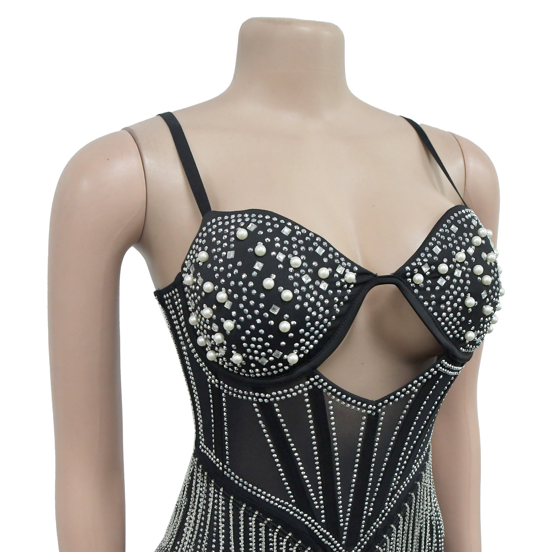 Fashionable Women's Solid Color Mesh Beaded Suspender Skirt Dress 20