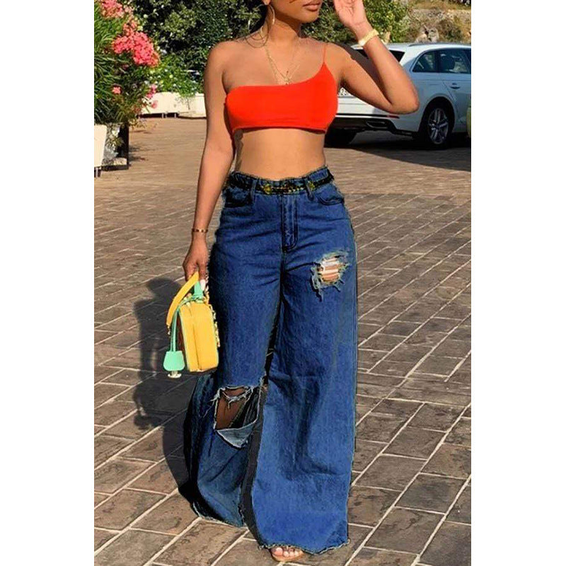 Sexy Women's Irregular Ripped Loose Denim Pants