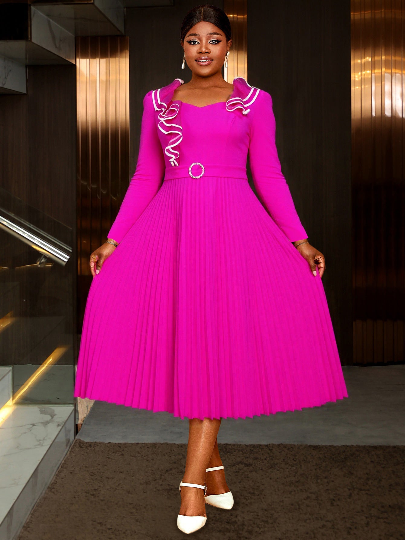 Plus-Size Women Elegant Rose Long-Sleeved Ruffled V-Neck Formal Party Pleated Dress