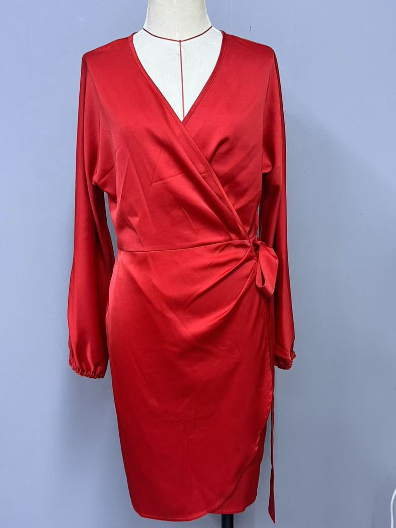 Women Spring Summer Sexy Lace-up Satin Dress 7