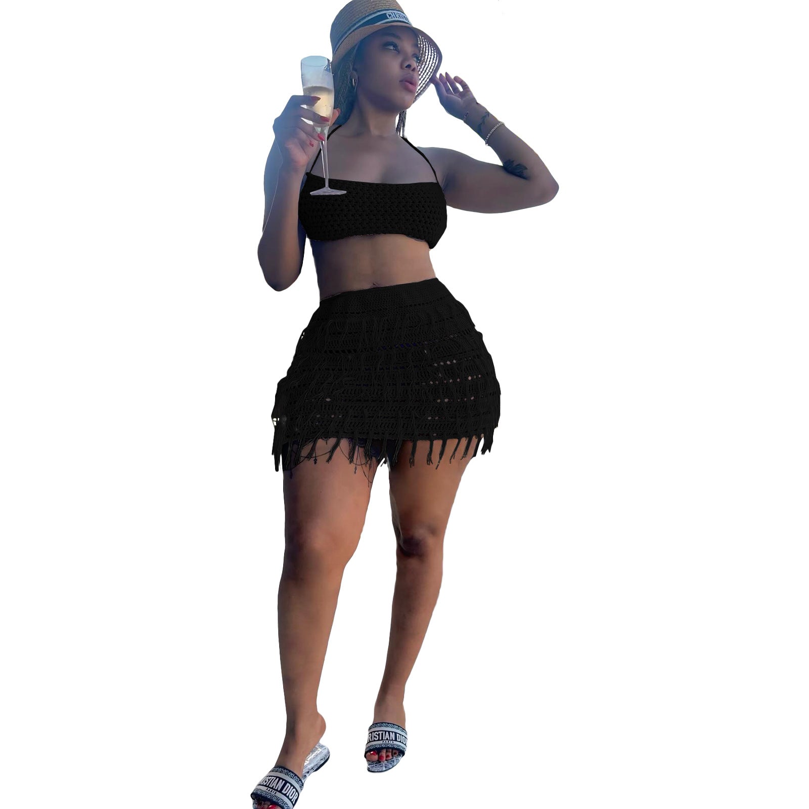 Women knitting Crochet Hollow Tassel Strapless Sexy Top and Skirt two-piece set 6