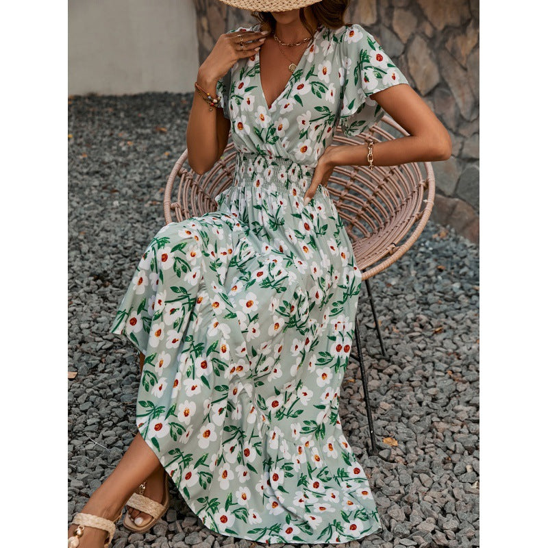 Summer V-Neck Short-Sleeved Print Cotton Dress Women's Fashion Chic Slim Waist Slim Fit Long Dress 4