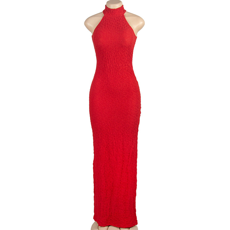 Summer Solid Color Round Neck Sleeveless Slim High Waist Long Dress 6