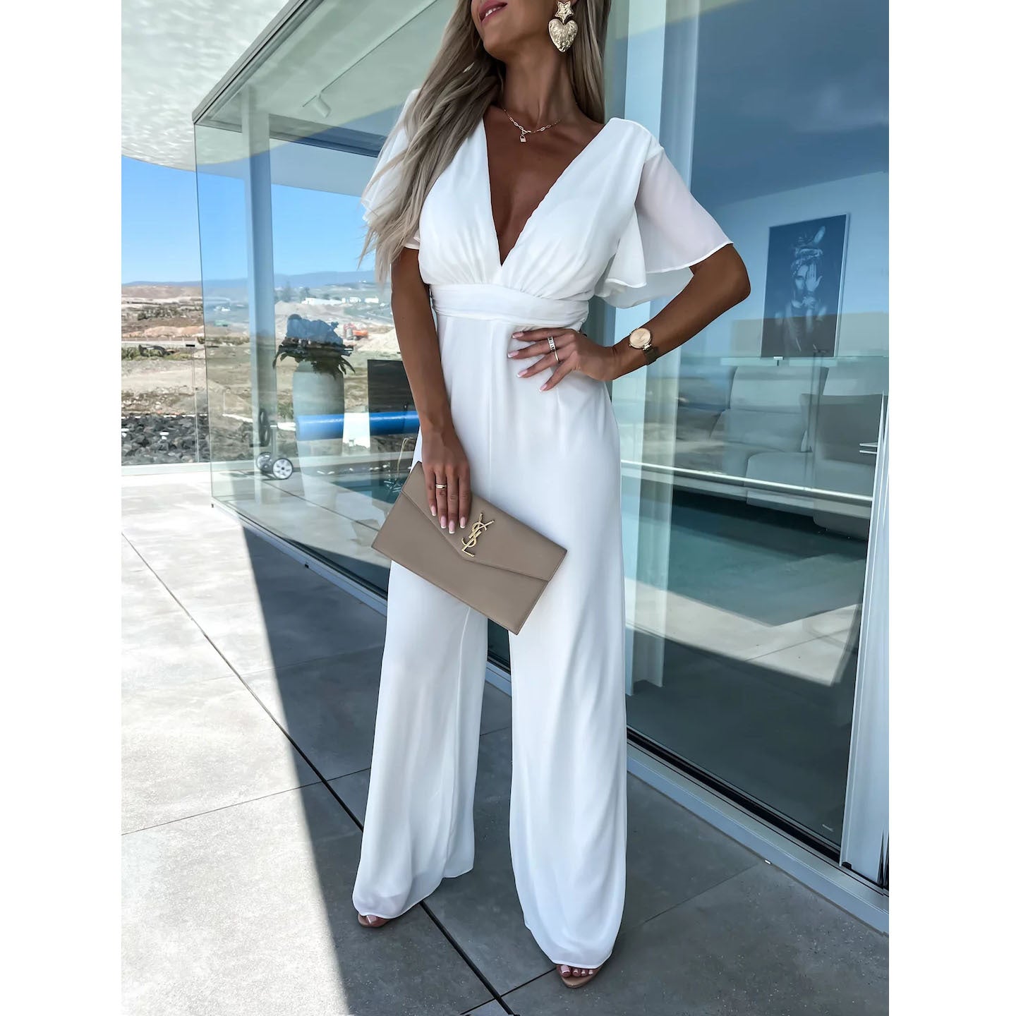 Spring Summer V Neck Casual Short Sleeve Loose Holidays Wide Leg Jumpsuit Women 7