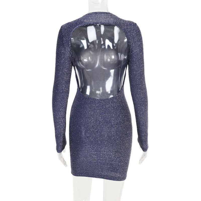 Women Sexy Silver Silk Backless Long Sleeve Bodycon Dress 6